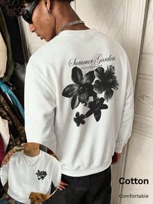 Autumn Men's Floral Print & Text Slogan Long Sleeve Lightweight T-Shirt T-Shirt, Crew Neck Design, Back Graphic, Y2K Style - White - View 5