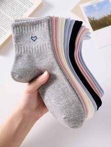5 Pairs Women's Heart Pattern Mid-Calf Socks, White, Pink, Black, Casual Comfortable Mid-Calf Socks, College Style Student Socks, Fashionable Comfortable Suitable For Daily Wear, Spring Summer Autumn Winter All Seasons - Multicolor - View 8
