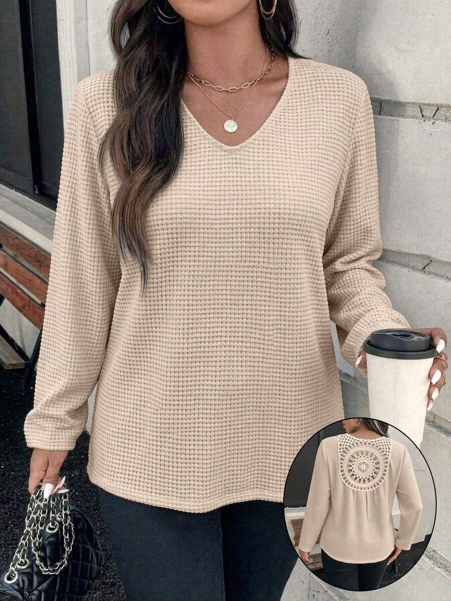 Plus Size Women's Small V-Neck Solid Color Knit Sweater With Hollow Back Patchwork Design - Apricot - View 1