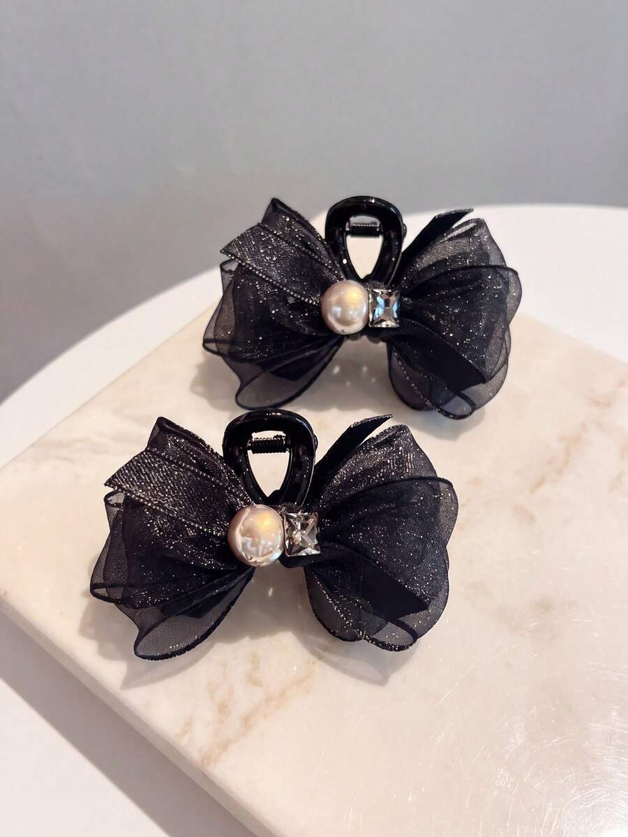 MH 2pcs Bowknot Exquisite Small Hair Claw Clips, Suitable For Bangs And Half-Up Hairstyles, Perfect For Daily Use - Black - View 1