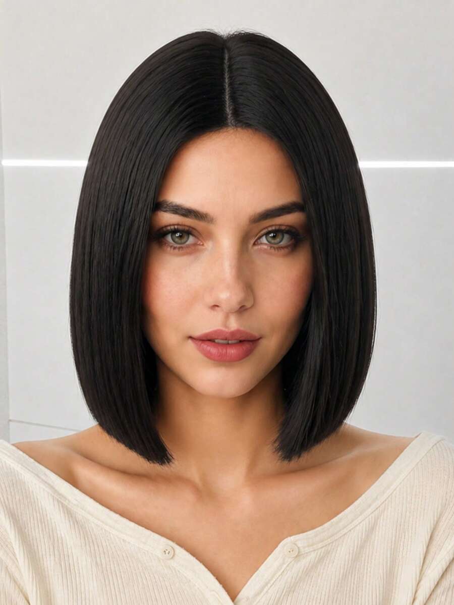 12 Inch Black Middle Part Women's Wig, Fashionable Straight Hair Wig, Natural Style, Elegant And Versatile, Suitable For All Women - Black - View 1