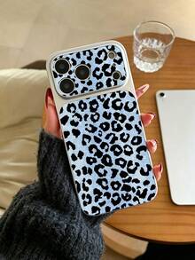 Cool Light Blue Background Black Leopard Print Electroplated Silver Large Window Phone Case Leather Texture Raised Camera Full Coverage Anti-Drop Hard Shell Compatible With Apple 11/12/13/14/15/16/17/18 Retro Hot Girl Style Personalized Protective Cover - Silver - View 2