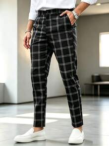Tapered Fit Men's Plaid Casual Long Pants - Black - View 2