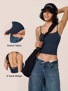 TimeOff Women's 1pc Solid Color Spaghetti Strap Backless Padded Short Tank Top For Outdoor Running And Fitness - Navy Blue - View 1