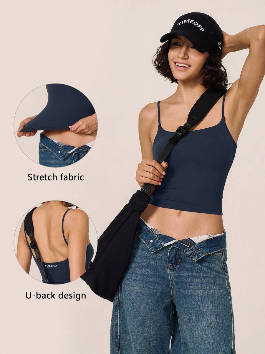 TimeOff Women's 1pc Solid Color Spaghetti Strap Backless Padded Short Tank Top For Outdoor Running And Fitness - Navy Blue - View 1