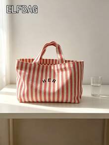 Casual Minimalist Letter Canvas Tote Bag, Striped Solid Color Handbag, High Cost-Effective Fashion Versatile Tote Bag Suitable For Moms, Students, Office Workers - Red - View 2