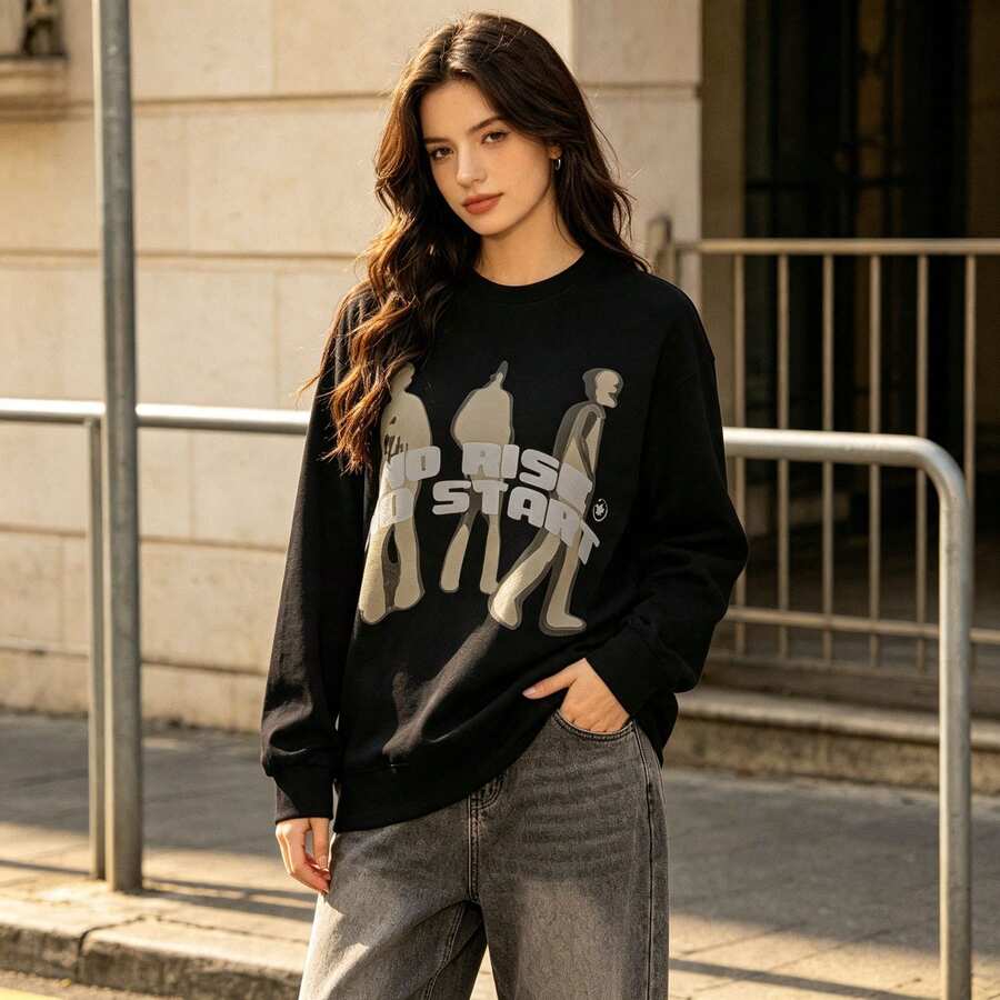 NO RISE NO START American Retro Abstract Portrait Loose-Fit Printed Niche Sweatshirt - 黑色 - 查看 1