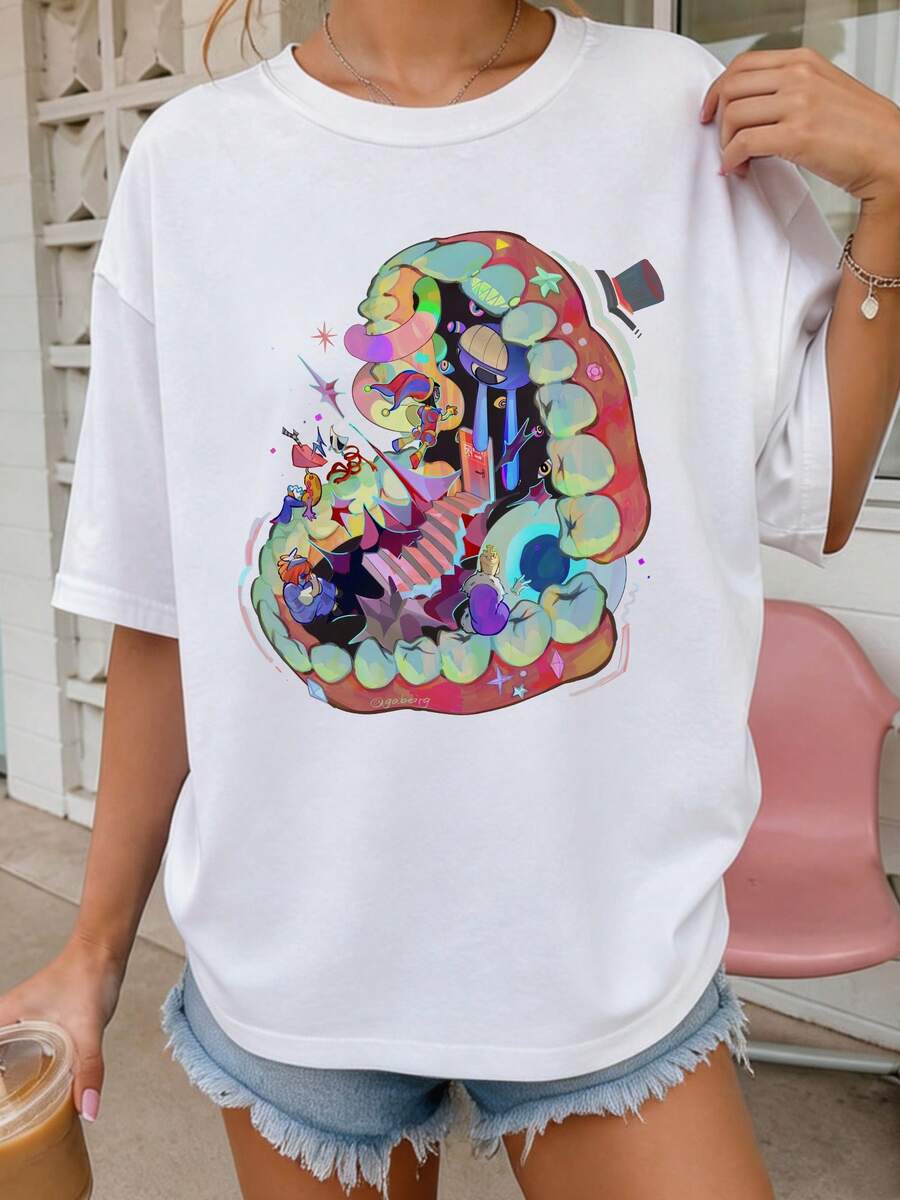 Vintage Inspired The Amazings Digital Circus Caine Color Surreal Fantasy Cartoon Character Art Graphic Tee - 白色 - 查看 1