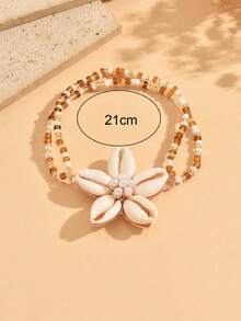 1pc Shell Faux Pearl Flower Pendant Anklet, Fashion Double Layer Rice Bead Decor Women's Foot Jewelry, Suitable For Daily Wear, Vacation, Date, Party, Music Festival, The Color And Quantity Arrangement Of Colored Rice Beads Are Random And Not Fixed - Multicolor - View 4