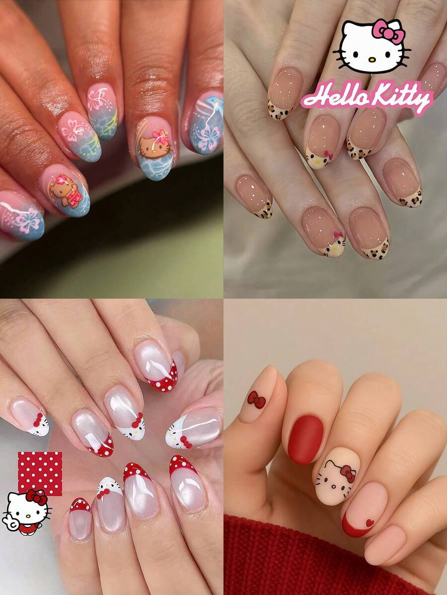 Sanrio Hello Kitty 96片裝(4款混色/盒)短橢圓形紅白色法式指尖穿戴甲,附可愛3D Hello Kitty、豹紋、波點、蝴蝶結、花朵、海豚與愛心裝飾,水晶貓眼設計,完美貼合壓克力假指甲套組 - 彩色 - 查看 1