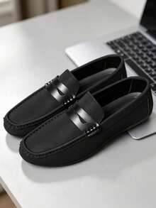 Plus Size Men's Leather Loafers, Luxury Brand Men's Business Casual Shoes, Breathable Original Versatile Driving Shoes - Black - View 2