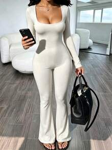 Apricot Square Neck Long Sleeve Flare Leg Jumpsuit, High Elastic Slim Fit Tight Jumpsuit, Hot Girl Outfit - Apricot - View 4