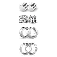 4 Pairs Mixed Magnetic Ear Cuffs Set, 304 Stainless Steel Round Disc & CZ Hoop Clip On Earrings, No Piercing Unisex Punk Daily Ear Jewelry - 4 Pairs Ear Clips Set - View 6