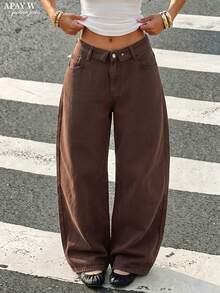 Women's Vintage Brown Wide Leg Jeans, Casual Denim Pants With Zipper And Pockets, Long Design - Coffee Brown - View 6