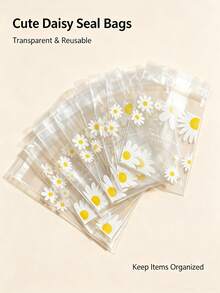 100pcs Transparent OPP Self-Adhesive Packaging Bags With Daisy Floral Print, Resealable Storage Bags For Jewelry, Candy, Handmade Gift Packaging, Small Business DIY Craft Party Favors - View 7
