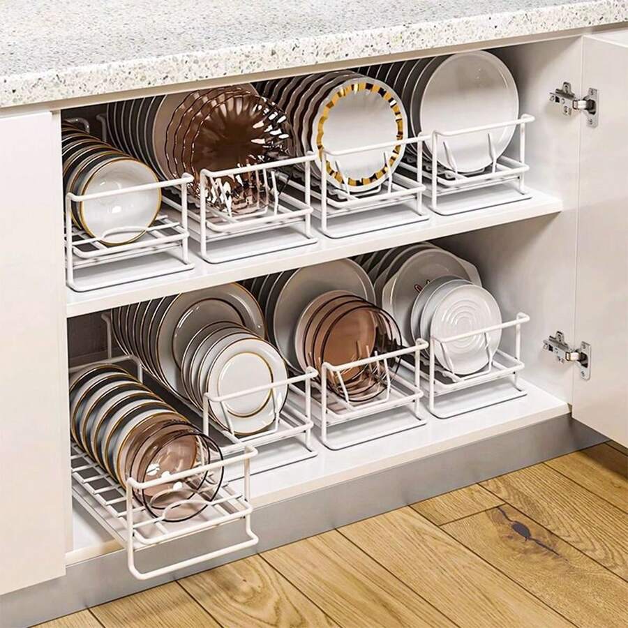 One-Piece White Silent Steel Ball Slide Rail Pull-Out Bowl And Dish Rack, Kitchen Countertop Organizing Cabinet Tableware Storage Rack, Bowl And Dish Draining Rack, Pull-Out Is More Convenient,No-Install Floor-Standing Dish Rack, Kitchen Bowl And Pla