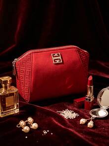 Red Zipper Cosmetic Pouch, Silver‑Tone 4G Metal Logo Makeup Bag, Embossed Geometric Side Panel Travel Storage Pouch Luxury Beauty Gift For Women GIVENCHY‑GIFT‑13 - Red - View 1