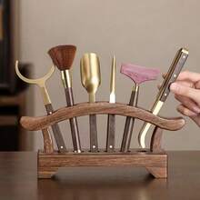 1pc Walnut Wood Tea Set Storage Rack, Six Gentlemen Tea Utensil Holder, Tea Art Decor, Makeup Brush Storage Display Stand, Suitable For Tea Room, Vanity, Desktop Organization - Mocha Brown - View 12