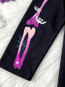 1pc Girls Toddler Casual Halloween Dress, Pink Purple Skull Little Ghost Heart Bat Spider Web Print, Soft Comfortable Knit Fabric, Suitable For Outdoor Wear, Autumn/Winter - Black - View 7