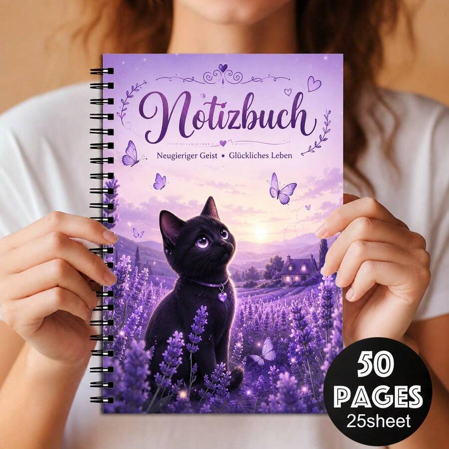 1PC A5 German Curious Mind Happy Life Black Cat Spiral Notebook, 50 Pages/25 Sheets, Purple Lavender Journal For Daily Writing, School Notes, Doodling And Cat Lover Gifts - A5 - View 1