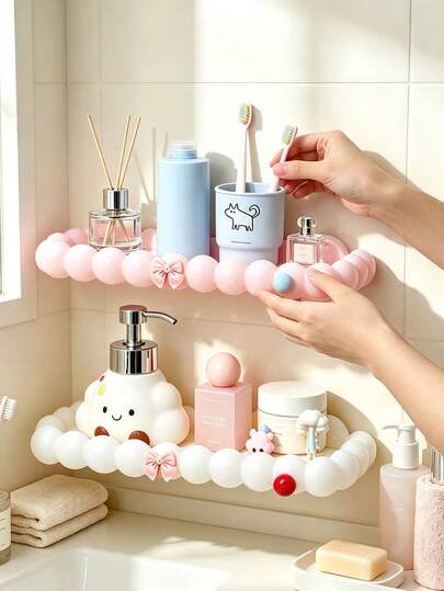 Large Capacity Space-Saving Suction Cup Cute Cloud Bathroom Storage Rack With Bow, No Drilling Required, Strong Suction Cup Hook Rack, Suitable For Shower Room And Bathroom Wall/Tile, Multi-Functional Storage Organizer