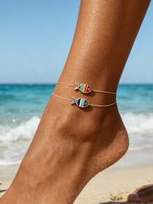 6pcs Minimalist Casual Fun Colorful Small Fish Transparent Fishing Line Anklets For Women, Daily Beach Vacation Matching - Multicolor - View 3