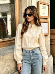 Women's Vintage Blouse With Ruffled Lace Hollow-Out Lantern Sleeves - Apricot - View 2