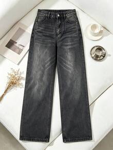 Pantalones de Jean de Moda para Mujer con Bolsillos, Pantalones Anchos con Cierre de Botón en la Cintura, Estilo Trendy y Vanguardista - Negro y gris - Ver 2