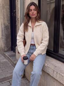 Winter White Cable Knit Zip-Up Cardigan Jacket With Turn-Down Collar And Long Sleeves, Suitable For Christmas And Daily Wear Vacation - White - View 4