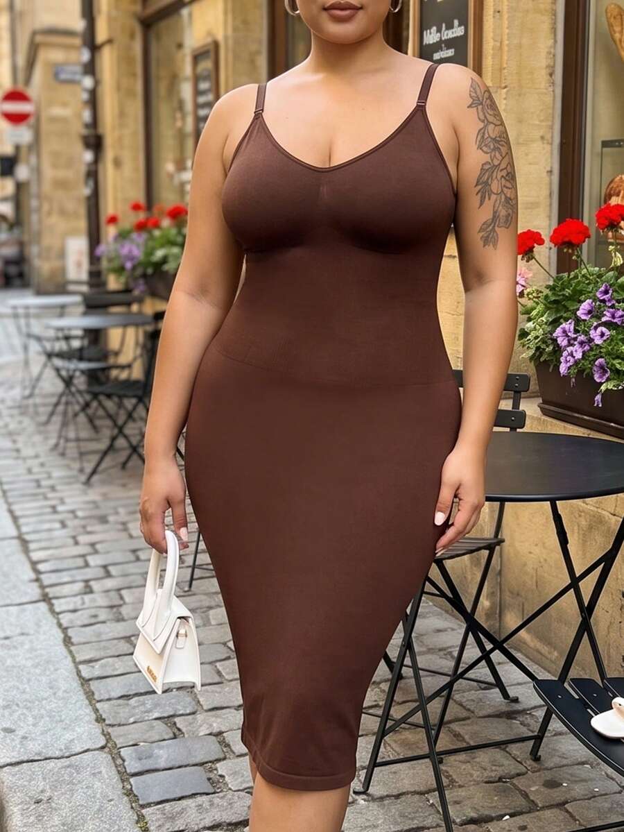 1pc Plus Size Women's Dress Jumpsuit, Seamless Tummy Control Waist Shaping Bodycon Dress, Full Body Shaping Nightgown - Brown - View 1