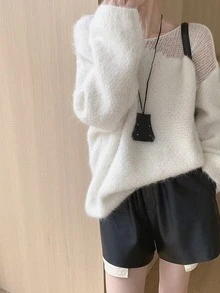 White Design Long Sleeve Sweater Women Winter Slouchy Base Layer Top - White - View 2