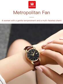 OLEVS Elegant Ladies Quartz Watch, Gold Round Date Dial, Retro Brown Leather Strap Minimalist Wristwatch For Daily & Holiday Gift - one-size - View 6