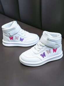High-Top White Sneakers Cute Embroidery Hook And Loop Strap Soft Sole Anti-Slip Kids Casual Sports Shoes - White - View 5