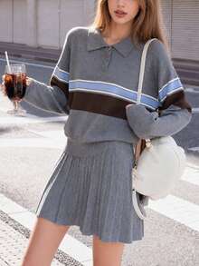Women's Autumn/Winter Casual Minimalist Preppy Style Collared Pullover & Skirt 2 Pieces Set - Grey - View 2