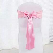 10pcs Pink Satin Chair Back Bow Ribbon, Suitable For Banquet, Hallway, Party, Bridal Shower, Restaurant, Birthday Party, Event, Dinner, Hotel Decoration And Other Occasions Wedding Chair Back Decoration (Bow Needs To Be Tied Manually) - Pink - View 3