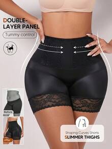 Women's High Waist Lace Patchwork Shaping Shorts, Tummy Control Butt Lift Smoothing Underwear, Soft Comfortable Shorts, Suitable For Autumn And Party - Black - View 4