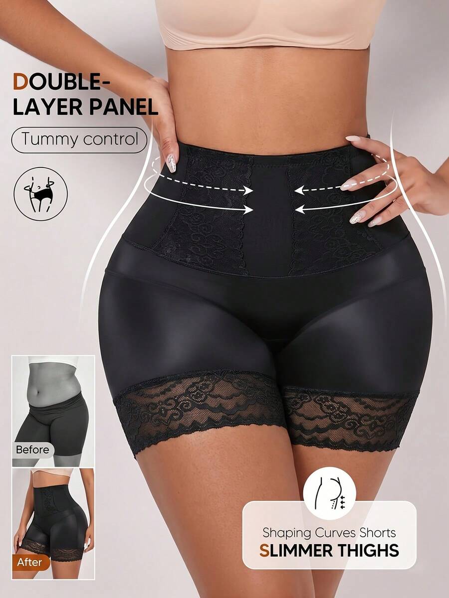 Women's High Waist Lace Patchwork Shaping Shorts, Tummy Control Butt Lift Smoothing Underwear, Soft Comfortable Shorts, Suitable For Autumn And Party - Black - View 1