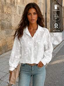 EARO Women's Embroidered Loose Fit Casual Blouse, Versatile For Spring/Summer Daily Wear White - White - View 2