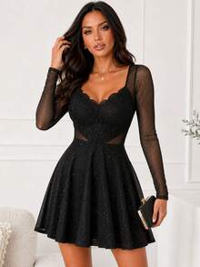 Glitter Sheer Mesh See Through Contrast Lace Long Sleeve Mini Dress Deep V Neck A Line Dresses Black Elegant - Black - View 3