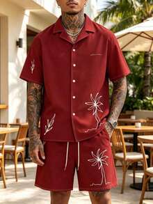 Men's 2 Pieces Red Palm Tree Print Beach Shirt And Matching Shorts Set - Multicolor - View 10