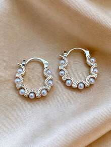1pair Exquisite Circle Pearl Earrings, Korean Style, Sophisticated Design, Luxury Fashion Ear Studs - Multicolor - View 1