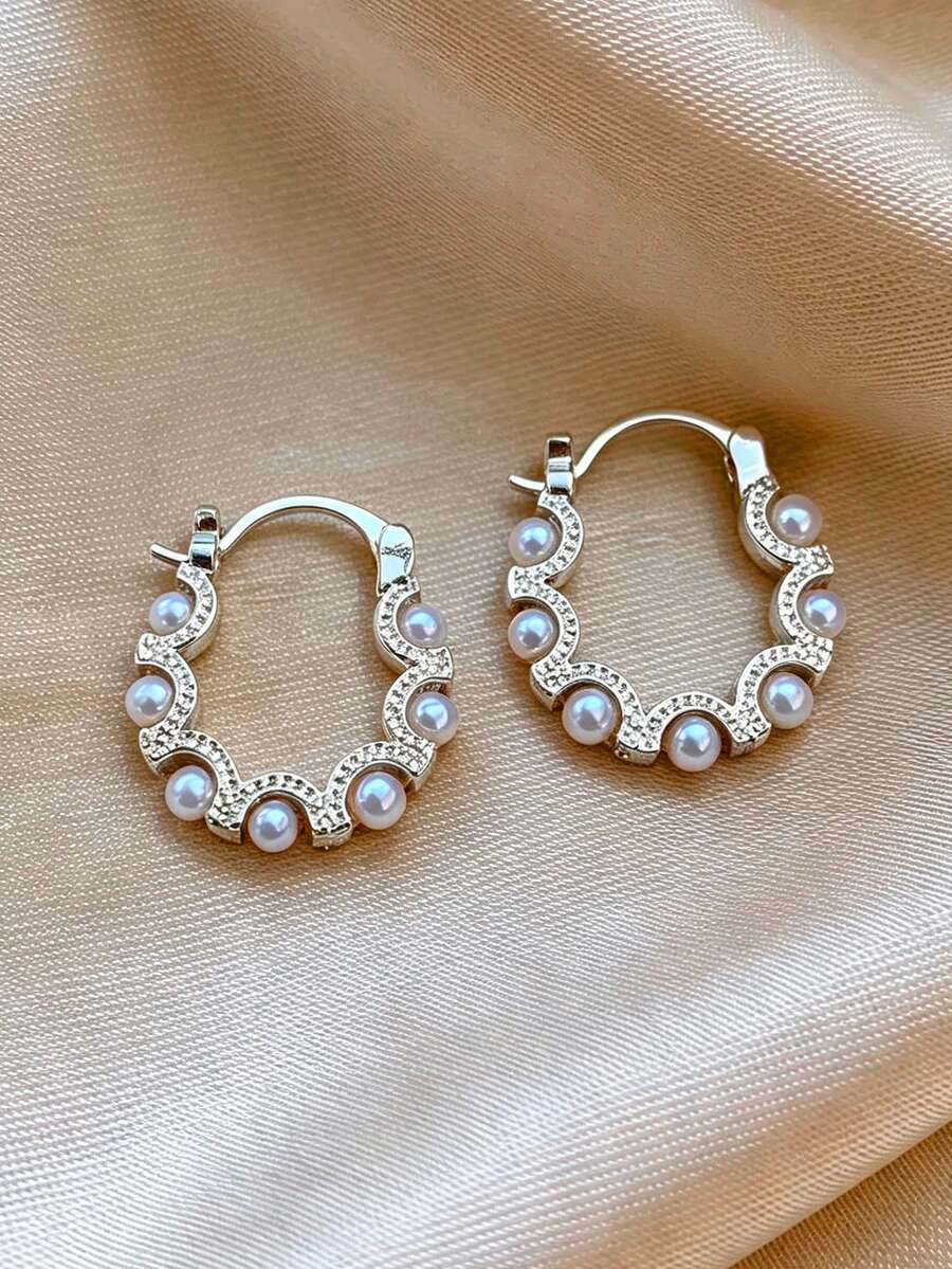 1pair Exquisite Circle Pearl Earrings, Korean Style, Sophisticated Design, Luxury Fashion Ear Studs - Multicolor - View 1