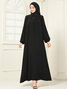 Women's Solid Color Modest Round Neck Long Loose Arabic Robe, Dignified And Proper Spring Black - Black - View 2