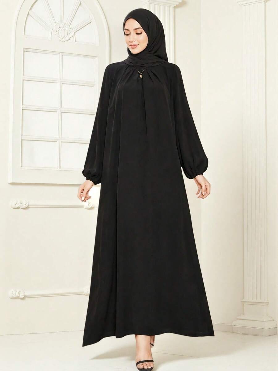 Women's Solid Color Modest Round Neck Long Loose Arabic Robe, Dignified And Proper Spring Black