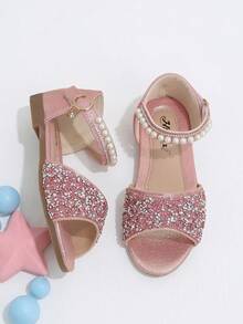 Sandal anak perempuan berwarna merah muda dengan hiasan berlian imitasi, ujung terbuka, liontin mutiara, dan penutup kait dan loop, cocok untuk pesta dan jalan-jalan musim panas. - Watermelon Pink - View 4