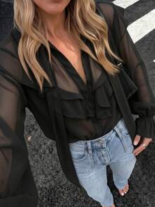 Ruffle/Frill Trim Faux Pearl Layered Casual French Blouse, Solid Color Sheer Black - Black - View 1