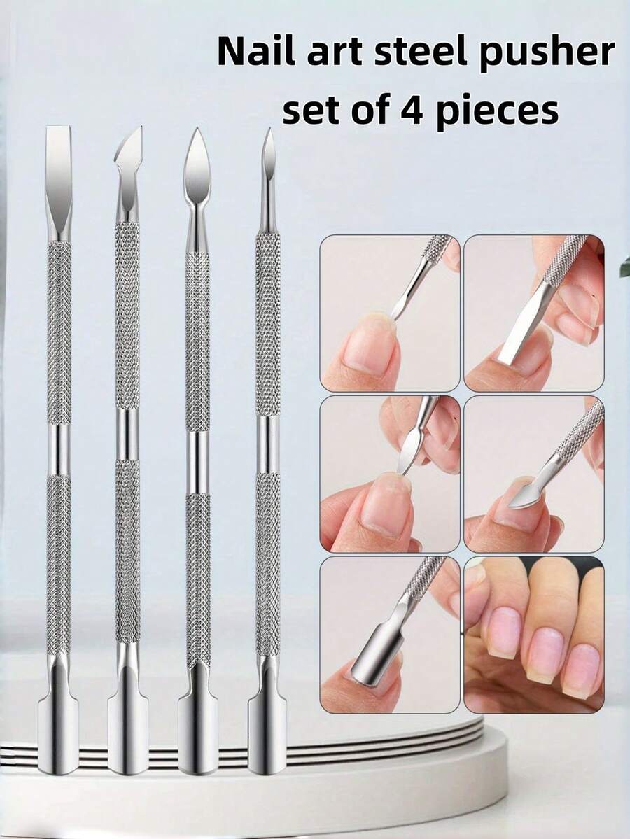 4 Sets Of Double-Ended Nail Scraping Tools With A Handle, Each Set Included In A Storage Box. These Are Multi-Functional Tools For Removing Dead Skin From Nails, Detaching Nails, And Shaping Fingers. - Silver - View 1