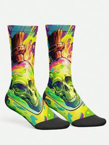 Cool 360° Printed Men's Socks - Streetwear Socks,Colorful Flower Skull,Undead Art Style,Colorful,Funny Socks, Fit Daily, Holiday & Party Occasions - Green - View 2
