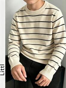 Tween Boys Striped Crew Neck Knit Sweater, Long Sleeve Slim Fit Casual Fall Knitted Pullover Tops For Everyday Wear - Apricot - View 2