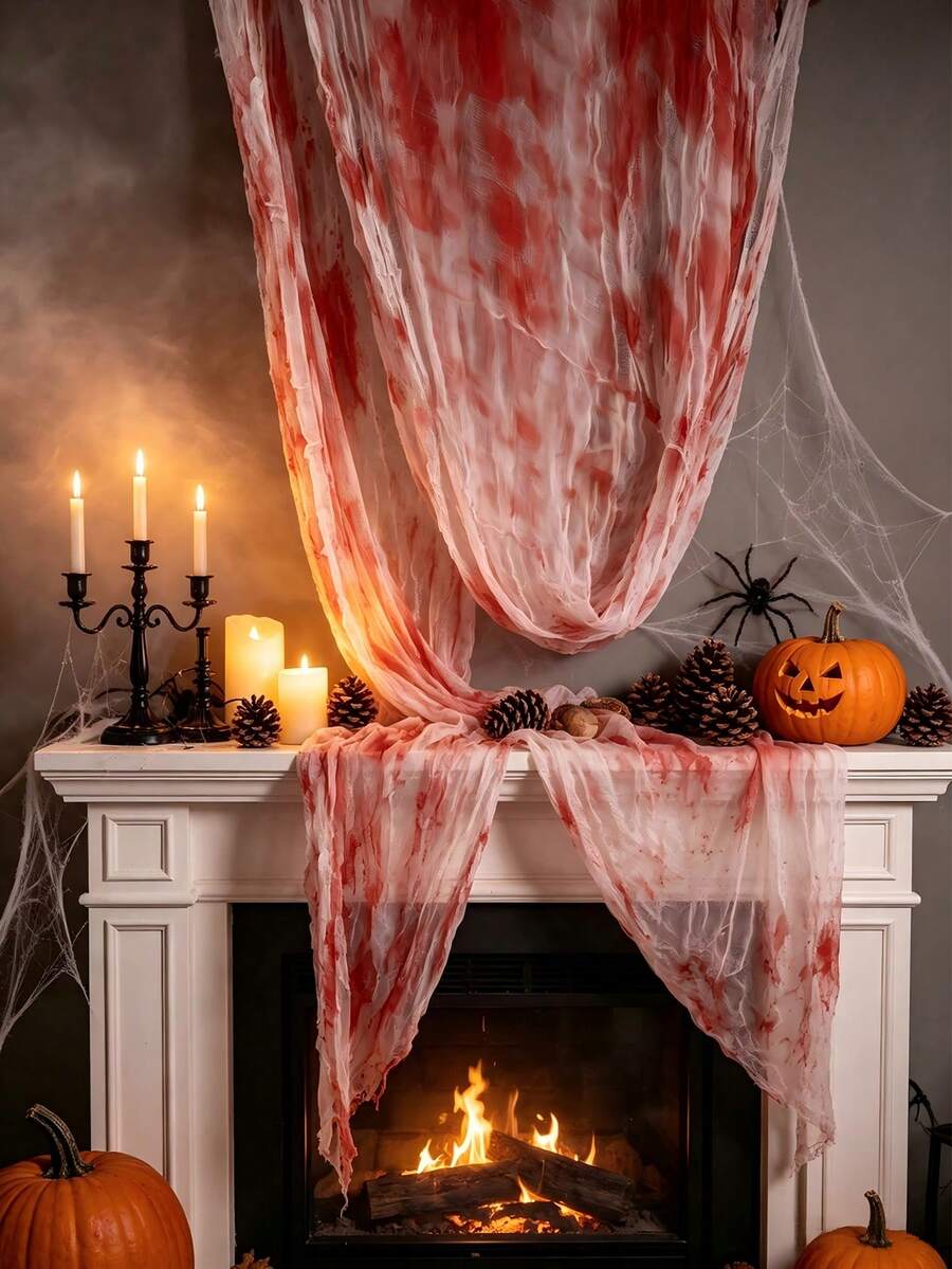 2pcs Red Blood Stained Horror Fabric, Halloween Scary Gauze Cloth, Halloween Horror Fabric - Scary Gauze Blood Stained Horror Cloth, Suitable For Haunted House Halloween Party Yard Wall Doorway Outdoor Decoration Window Doorway Covering Gauze, Table Centerpiece Decoration, Yard Decoration, Horror Atmosphere Background Decoration, Halloween Decoration, Halloween Costume Props, Halloween Gift, Prank Costume